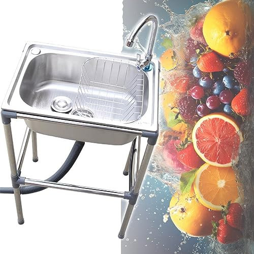 HCZION Silber Küchenspüle Freistehende Einzelbecken Waschbecken Innen Spülbecken Waschküche Handwaschbecken Edelstahl Ausgussbecken Mit Wasserhahn-60cm (Color : Cold, Size : 60x45cm/23.6x17.7in)