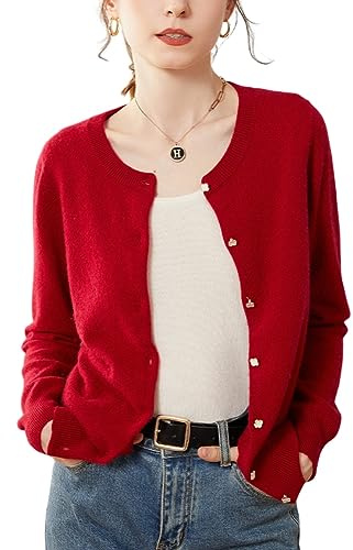 Valin Gilet Cachemire 95% Femme Col Rond Rouge Solide Couleur Tricoté Mince Manches Longues Fin Cardigan en Cachemire et Laine,42,SPR2248