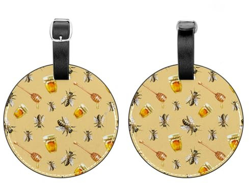 Lot de 2 étiquettes à bagages, abeilles aquarelles et pots de miel, étiquettes rondes en cuir pour valises de voyage avec carte d'intimité