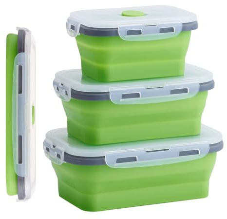 König Design Faltbare Frischhalteboxen 4 Stück Faltbare Frischhaltedosen Brotdosen aus Silikon Faltbare Silikon Brotbox Silikon Frischhaltedosen Faltbare Set (Grün)