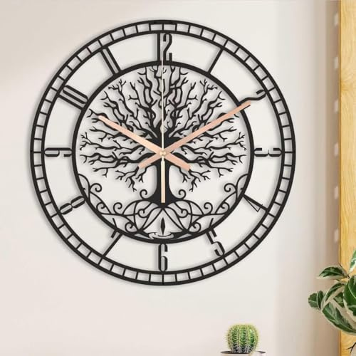 Grande orologio da parete con albero della vita, orologio da parete in metallo nero, orologio da parete oversize decorazione per la casa, orologi da parete per soggiorno con numeri, orologio
