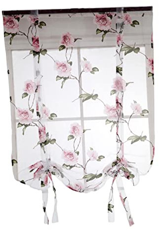 TOPPERFUN 1.6m Floral Semi Sheer Curtains Roman Blinds Pink Elegant Window Shades for Living Room Bedroom Kitchen Material Stylish Tie-up Design
