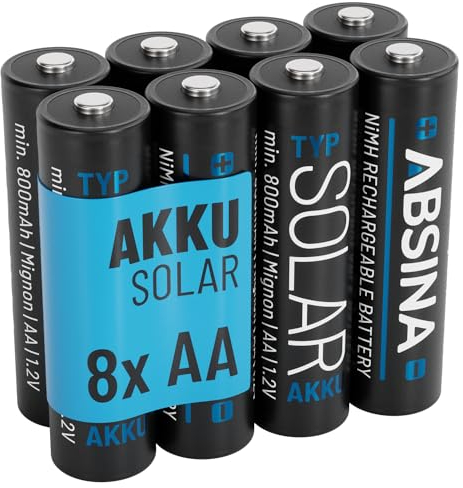 ABSINA 8X Bateria Recargable Solar AA 800mAh 1.2V NiMH - Pilas Recargables AA para Luces solares - Baterias solares AA de Baja autodescarga - Pilas AA Recargable - Baterías solares - Solar Battery