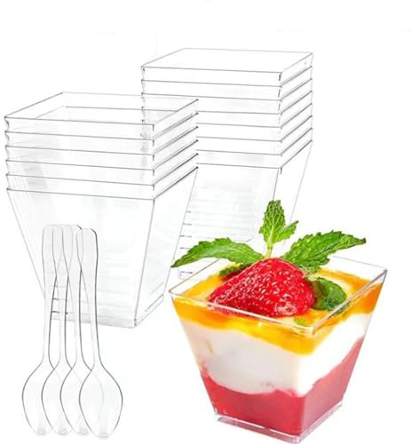 LSRVNM 30 Stück Dessertbecher Plastik Wiederverwendbar, Dessertschalen Eckig mit Deckel und Löffeln, 2 OZ / 60ML Dessertschalen Set, Desert Becher für DIY Desserts Pudding Mousse Eis