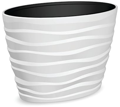 Tecnokit Plana vaso ovale alto Bora, in polipropilene, fioriera da esterno, sottovaso estraibile con maniglie incluso, vaso per piante, superficie ondulata, dimensioni cm 60x39x58 (BIANCO)