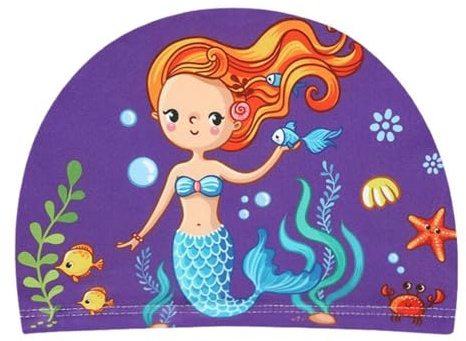 GIVBRO Bonnet de Bain pour Enfants en Tissu élastique, Bonnet de Bain imprimé sirène de Dessin animé pour Cheveux Longs et Courts, Filles, garçons, Enfants, Adolescents
