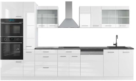 Vicco Küchenzeile R-Line, Weiß Hochglanz/Weiß, 350 cm | 9 Module · Höhenverstellbare Füße · AP Anthrazit inkl. · Robuste Fronten · Mit Backofen-/Mikrowellenschrank