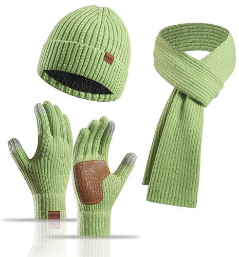 Yoolhamy 3-Teiliges Set: Mütze, Schal und Handschuhe für Damen - Wintermütze Beanie Mit Fleece Gefüttert, Wärmer Schla, Touchscreen Handschuhe, Thermo Strickmütze für Outdoor-Skimütze