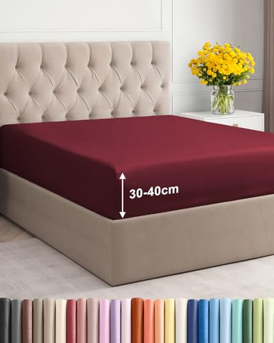 Sábana Bajera 180x200 - Microfibra Bolsillo 40cm (16) Ajustable - Burdeos | Suave, Transpirable, Antiarrugas, Sin Planchado, Cepillada, Goma Elástica, Colchón Alto, Hipoalergénica, Topper, OEKO-TEX