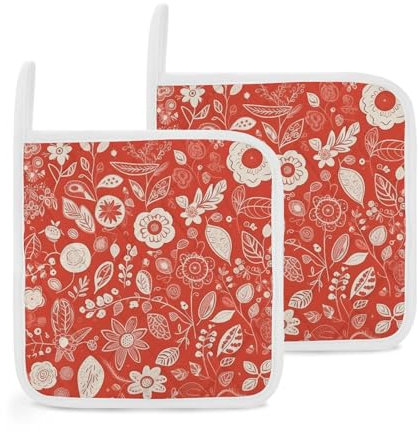 Lot de 2 maniques de cuisine résistantes à la chaleur pour comptoirs, fleurs sur fond rouge, maniques antidérapantes pour four, 20,3 cm