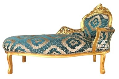 CasAmin Home & Living Chaise longue in velluto blu in stile francese Louis, panchina per camera da letto stile retrò barocco con finitura dorata come decorazione per la casa