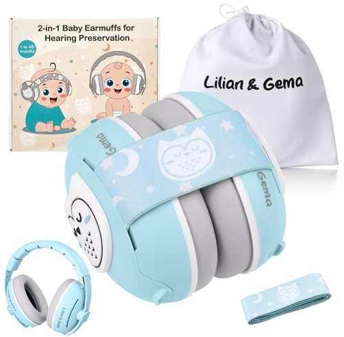 Lilian&Gema Casque Anti Bruit Bebe 2 en 1, Réglable Casque Bébé Anti Bruit, Casque Anti Bruit Enfant pour Moins de 48 Mois, Owl Design, Sommeil et les Activités, Protection Auditive Pour Bébés