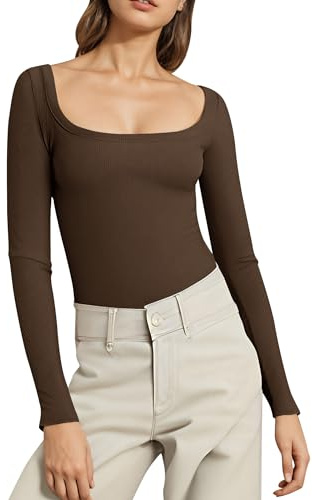 AGYMNX Maglietta a maniche lunghe da donna, con spalle scoperte, basic, slim fit, Y2K, a maniche lunghe, elegante, a cropped, sexy, elasticizzata, per adolescenti, marrone, M