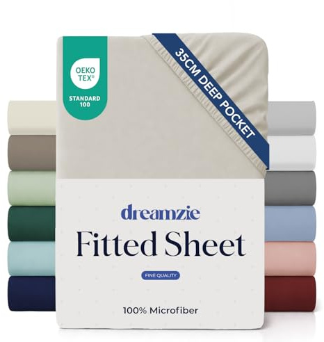 Dreamzie Lakan 90x190/200 Keps 35 cm för tjock madrass - 100% mikrofiber - Beige, Certifierad utan kemiska produkter (Oeko TEX), Lakan med full resår