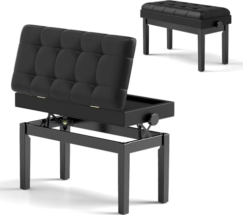 COSTWAY Tabouret Piano Réglable en Hauteur 48-58 cm, Banquette Piano avec Rangement, Siege Piano Double en Bois, Coussin Rembourré Imperméable, Banc de Piano, Charge Max. 200 kg, Noir