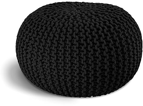 ELYFLAIR® handgefertigter Strickhocker Ø 55cm o. Ø 45cm I Sitzpouf Sitzpuff Bodenkissen Sessel Kissen Sitzhocker Sitzsack - mit eleganter Grobstrick-Optik - Dekoration Interieur (Schwarz, Ø 45cm)