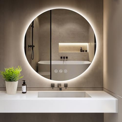GIMBELEN Badrumsspegel med belysning, rund badrumsspegel 70 cm med imskydd, 3 ljusfärger, dimbar, touch-brytare, LED-badrumsspegel med ljus, minnesfunktion, energibesparande