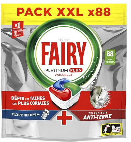 Fairy Platinum Plus Tablettes Lave-Vaisselle All In One Technologie Anti-terne, Regular, 88 Capsules, Nettoyage Optimal, Redonne De L’Éclat Et Prévient Le Calcaire