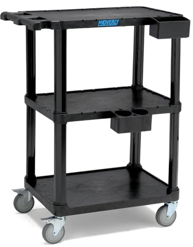 MOVERLY Schwerlast-Servierwagen, 69,9 x 46,4 cm, 3-stöckiger Rollwagen, Industrie-Kunststoff, Tragkraft 150 kg, Flache Ablagen mit Lenkrollen – Vielseitiger mobiler Wagen