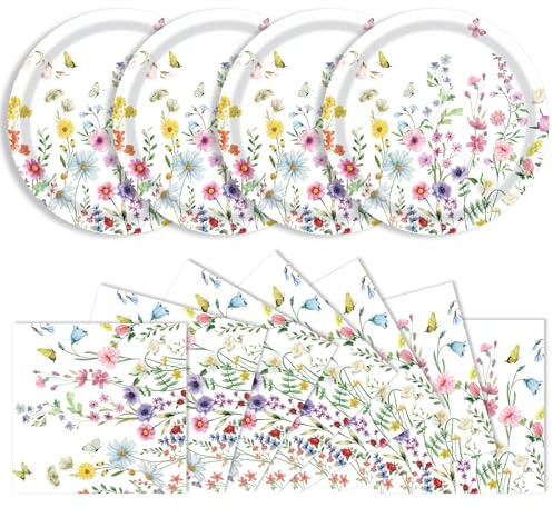 DHAIQC 40 Pcs Wildflower Paper Plates and Napkins Party Supplies, Floral 9 Inch Dinner Napkins Flower Baby Shower Decorations Tableware for Picnic Wedding Birthday Tea Party Decoration (Wildflower)
