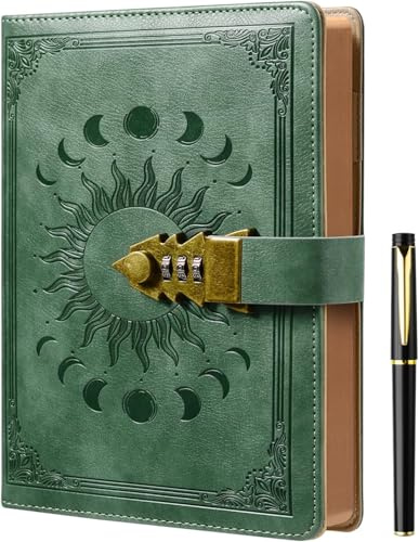 ZXHQ Journal Intime avec Code 21 x 15,5 cm – 224 pages, Carnet Secret pour Adulte, Fille ou Garçon, Couverture en cuir PU, Bords Vintage, Design en relief Soleil et Lune-Vert Sauge