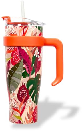 PRO DISTRI Gourde Isotherme XXL Tropical en Inox - Orange | Avec Paille et Poignée Ergonomique - En Inox pour Conserver vos Boissons au Chaud ou au Frais