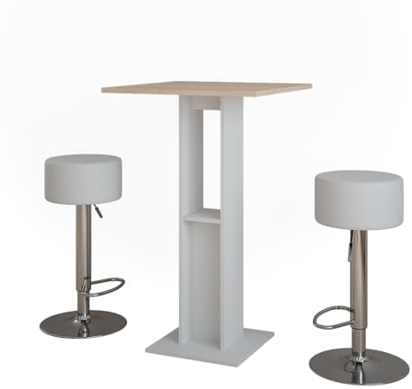 Vicco Set de Mesa de Bar Repose, Blanco/Sonoma, 65 x 65 cm con 2 taburetes de Bar