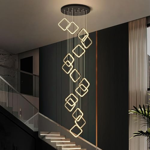 15 Lights Spiral Staircase Chandelier with Remote control,Modern Dimmable LED Chandelier DIY shape,300cm Adjustable Height Ceiling Light for Villa,Arch,High Ceiling Foyer(15 lights, Rectan)