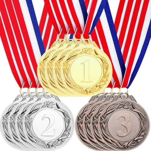 Santme 12 medaglie di premio, medaglia d'oro medaglia d'argento in bronzo con nastri da collo per concorsi, sport, stile olimpico, diametro ca. 5,0 cm