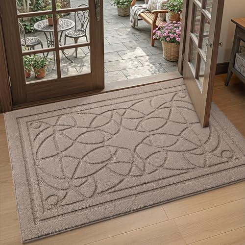 DEXI Front Entryway Door Mat Non Slip 32x48, Washable Inside Entry Way Mats Low Profile Entrance, Welcome Dirt Trapper Doormat Thin for House Floor Home Porter Hall Backdoor Area, Beige