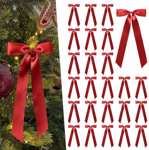 CEELGON 24 Pcs Red Christmas Tree Bows Satin Ribbon Long Large Bows for Xmas Tree Topper Garland 5 x 9 Inch Ornaments for Holiday Birthday Party Room Decor (Red)