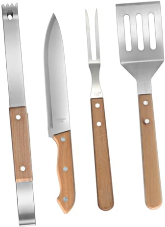 Ensemble Barbecue 1 Set en Acier Inoxydable et Bois pour Barbecue | Outils Légers à Poignée Antidérapante, Prise Confortable, Transport Facile, Vacances et Pique-niques