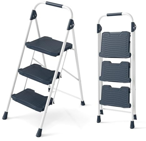 COSTWAY Escabeau Pliable 3 Marches avec Main Courante Rembourrée (Bleu) | Échelle Légère Portable Pédales Antidérapantes Robuste en Acier au Carbone pour Cuisine, Jardin Bureau, Charge 360 KG