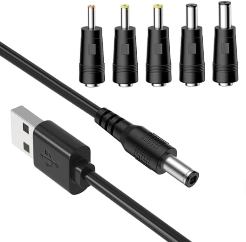 TwinkleHom USB to DC Charger Cable DC 5V 2.0A Universal DC Power Cable with 5 Adapter (2.5x0.7mm 3.5x1.35mm 4.0x1.7mm 5.5x2.5mm 3.0x1.0mm) - 1M USB DC Charger Lead for Router, Fan, Camera, Speakers