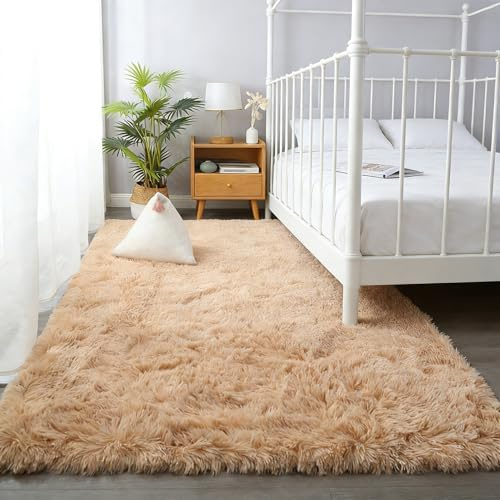 CUIMEI Flauschiger Teppich 60 x 140 cm, Flauschiger Große Größe, rutschfest Langlebig, Faltbar, Zotteligeweicher, Moderner Teppich Fellteppich, Beige