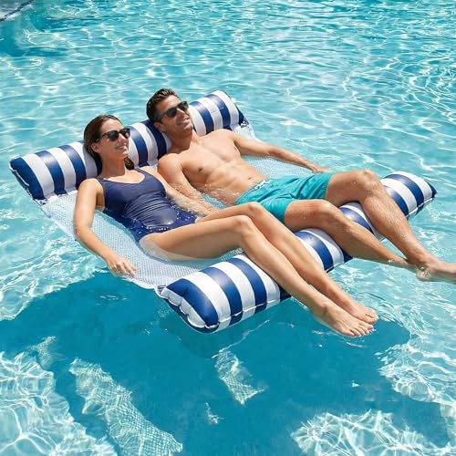 Wasserhängematte für 2 Personen, Luftmatratze Pool Wassermatte mit Netz Wasser Pool Zubehör Spielzeug Aufblasbare Wasserhängematte, Doppel Schwimmbett Poolhängematten Liegematte für Erwachsene Blau