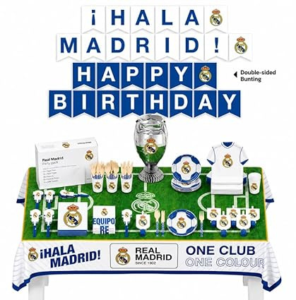 EuroFiestas, Decoracion de Cumpleaños Real Madrid, 75 Piezas con Plato, Vaso, Mantel, Servilleta, Cubiertos, Globo, Accesorios y Guirnalda, Decoracion Temática Oficial para Fiestas y Comuniones