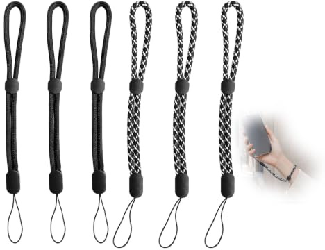 Durdiiy 6 Lanières Téléphone - 3 Noires + 3 Carreaux 16cm | Lot De 6 Dragonnes Téléphone Portable 16cm En Nylon Tressé. Universelle Pour Smartphone, Appareil Photo Et Clés.