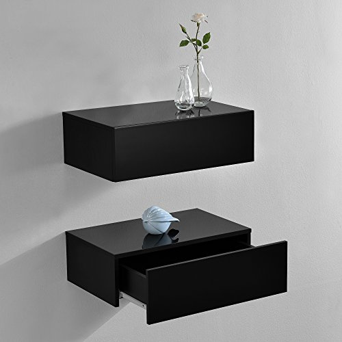 [en.casa] Wandregal Oslo mit Schublade 2er Set Nachttisch schwebende Nachtkommode Hängeregal Wandboard Nachtkonsole 46x30x15cm Schwarz Hochglanz