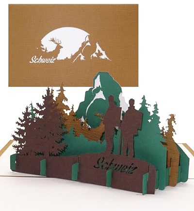 3D Pop Up Karte Schweiz (Holz) - „Schweizer Alpen – Matterhorn“ - Grußkarte als Souvenir, Reisegutschein und Einladung zum Wandern, Klettern & Bergsteigen