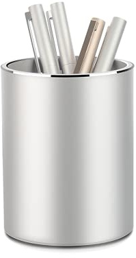 VAYDEER Metal Pen Holder Aluminum Pen Pot, Round Pencil Holder Pot Desktop Makeup Brush Holder Pot for Desk, Office/School Pen Storage Organizer - Silver