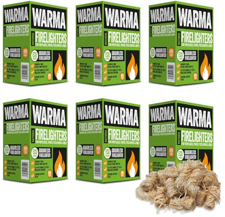 6 x Boxes of 30 Warma Natural Wood Wool Firelighters - Non Toxic Eco Odourless Firestarters - Suitable for Open Fires Burner Pizza Ovens Stove Soild Fuel Cookers BBQ Camping - 180 Pieces