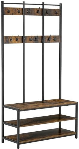 HOMCOM Coat Rack Stand 100cm x 38.5cm x 185.5cm Rustic Brown and Black | Free Standing Hall Tree, Coat with Hooks, Bench and Shoe Rack, Industrial Style