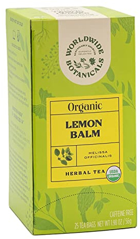 Worldwide Botanicals Organic Lemon Balm Tea, 25 Tea Bags - 50% more herbs with 2.25g per teabag - 100% Pure Lemon Balm Leaves, Kosher