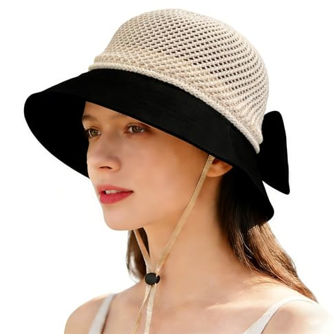 KXF Damen Sonnenhut Breite Krempe Mesh Verstaubare Eimerkappe mit Abnehmbarer Kinnkordel Pferdeschwanz Schleife Sonnenhut für Urlaub Sommer Strand Wandern, Verstellbare Passform, Schwarz
