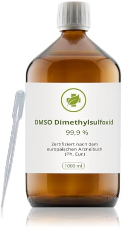 DMSO (Dimetylsulfoxid) - 1000 ml - 99,99% Ph. Eur. - in Braunglas-Medizinflasche mit PP28-Verschluss, Kindersicherung, Originalitätsring inkl. Pasteur Pipetten 3 ml - Qualität: MADE IN GERMANY