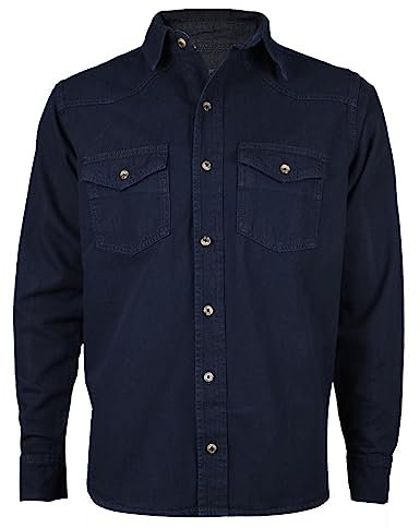 True Face Mens Denim Shirt 100% Cotton Multi Pocket Long Sleeve Casual Collared Button Down Washed Effect Shirts Top Navy 2XL