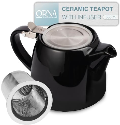ORNA Keramik Teekanne mit Siebeinsatz 550 ml – Kleine Teekanne für losen Tee – 0.5L Teapot mit Teesieb für 2 Tassen – Stumpf Teekannen mit Filter (Schwarz)