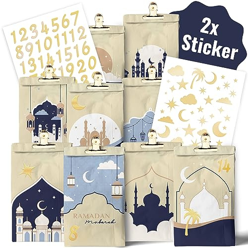 AMARI ® Ramadan Tüten (30 Stück inklusive Sticker & Klammern) - Ramadankalender zum Befüllen - Ramadan Kalender Tüten - Ramadan Kalender Bastelset