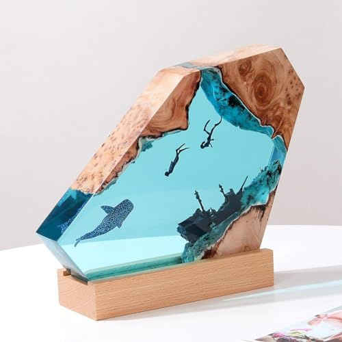 ZXCVWWE Handmade LED Ocean Diver Light, Whale Shark Ship Night, 3D Resin Marine Cave, Resin Wood Lamp, Diver Lamp Art, for DIY Table Crafts Desktop